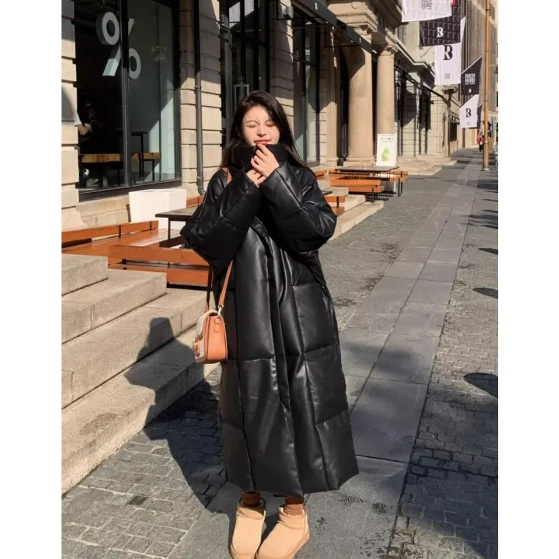 2023 Winter New PU Leather Down Coat Women Long Loose Windproof Standing Collar Thickened Warm White Duck Down Coat