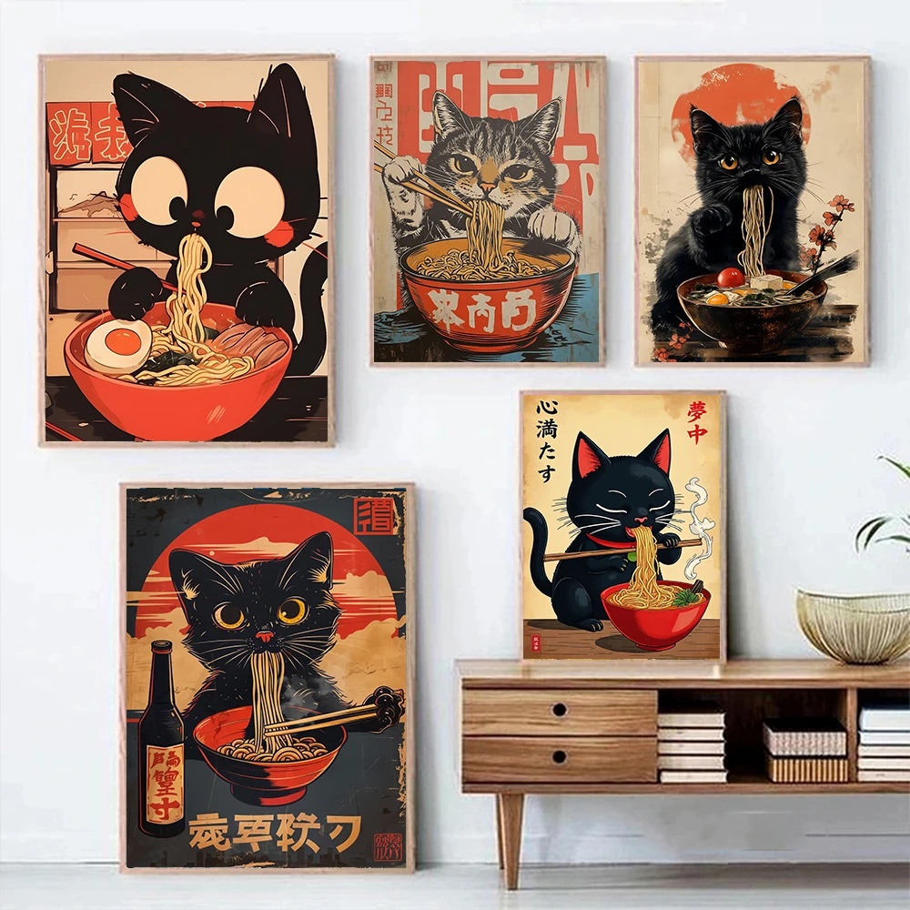 Póster en lienzo de gato japonés comiendo fideos, gato con café, Bonjour Mon Amour, impresiones artísticas para pared de cocina, para sala de estar moderna, decoración del hogar