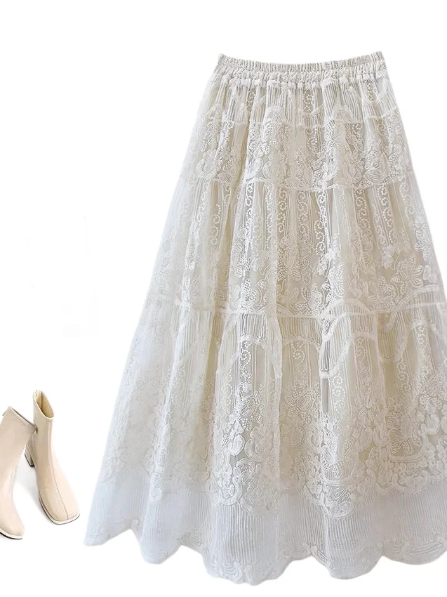 

Милая белая кружевная юбка-зонтик с вышивкой Me, женская юбка трапециевидной формы со средней талией, повседневная повседневная одежда, эластичная талия