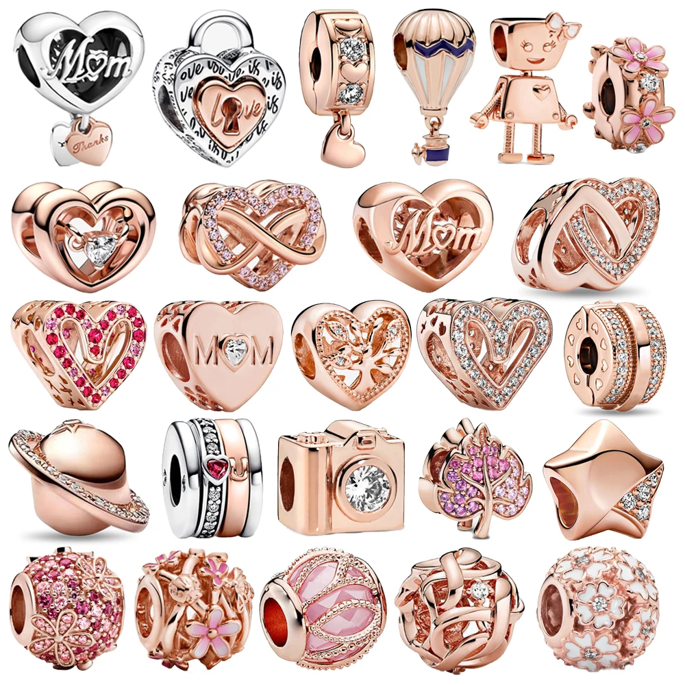 

Классический браслет из стерлингового серебра 925 пробы с розовым золотом, подвесками в виде сердца, шарика и талисмана удачи, подходит для брендовых браслетов, для самостоятельного изготовления украшений