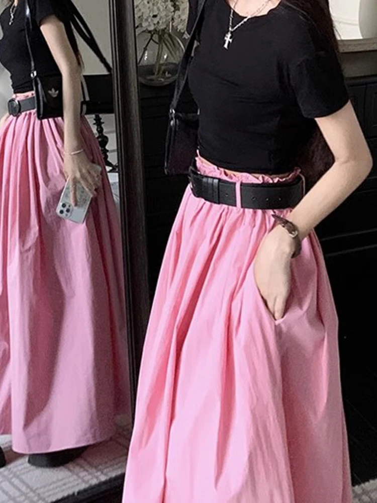 Verão novo rosa a linha saia feminina elástica cintura alta escondendo emagrecimento versátil saia coreano sle saia longa