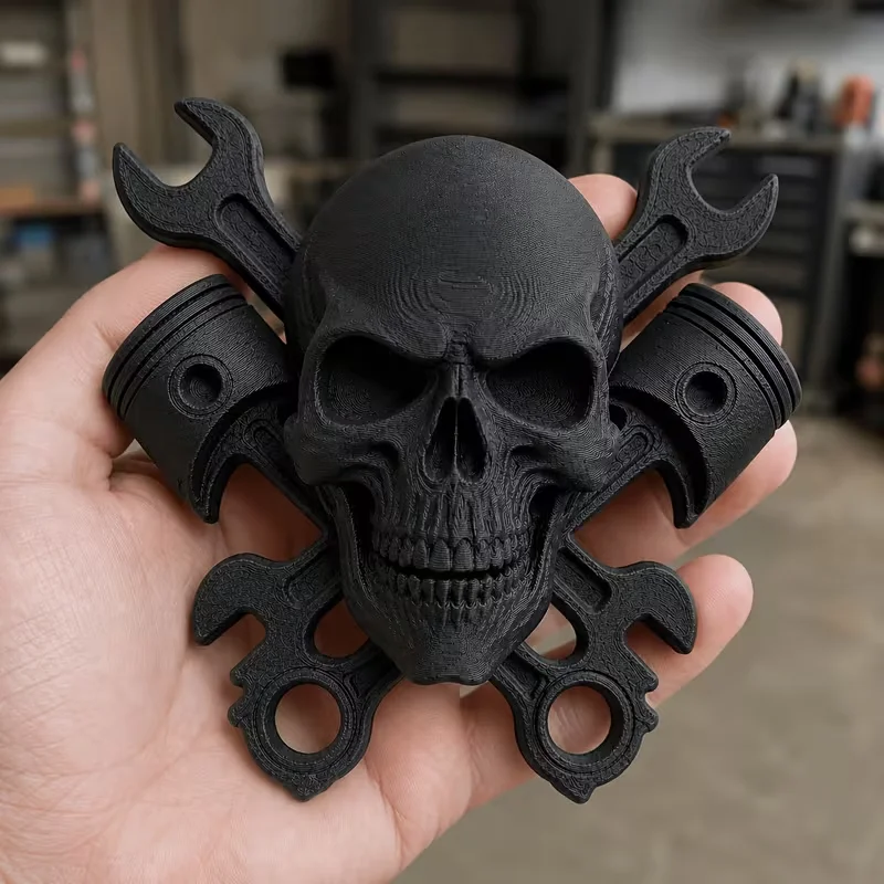Punk-Totenkopf-Kreuz-Schraubenschlüssel Wanddekoration Mechaniker-Motor-Kolben-Statue Gotische Industrie-Garagen-Ornament Bar-Schild Kunst 3D-gedruckt