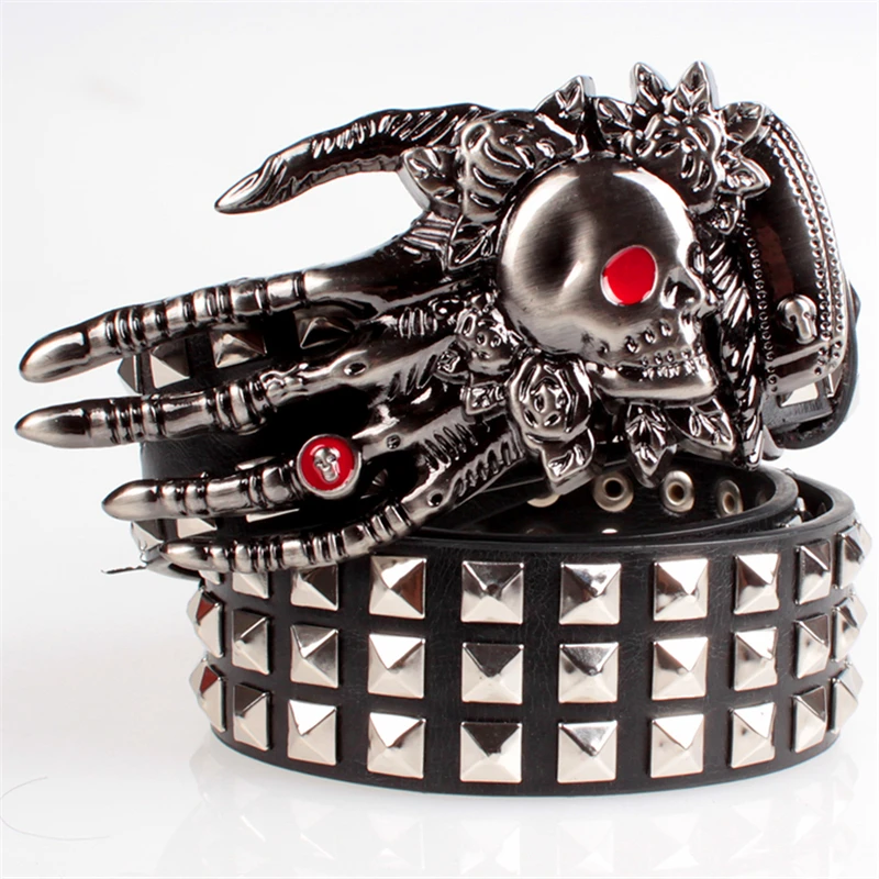 Full Metal Rivets Belt Hip-hop Skull Head Ghost Hand Bone Skeleton Claw Alloy Buckle Fashion Decorative Waistband