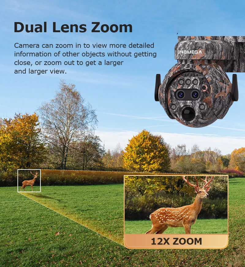 كاميرا INQMEGA 12X ZOOM 4K 8MP تعمل بالطاقة الشمسية بعدسة مزدوجة 4G 360 °   عرض كاميرا الصيد الخارجية الملونة المموهة ببطارية Ubox بقدرة 7800 مللي أمبير في الساعة