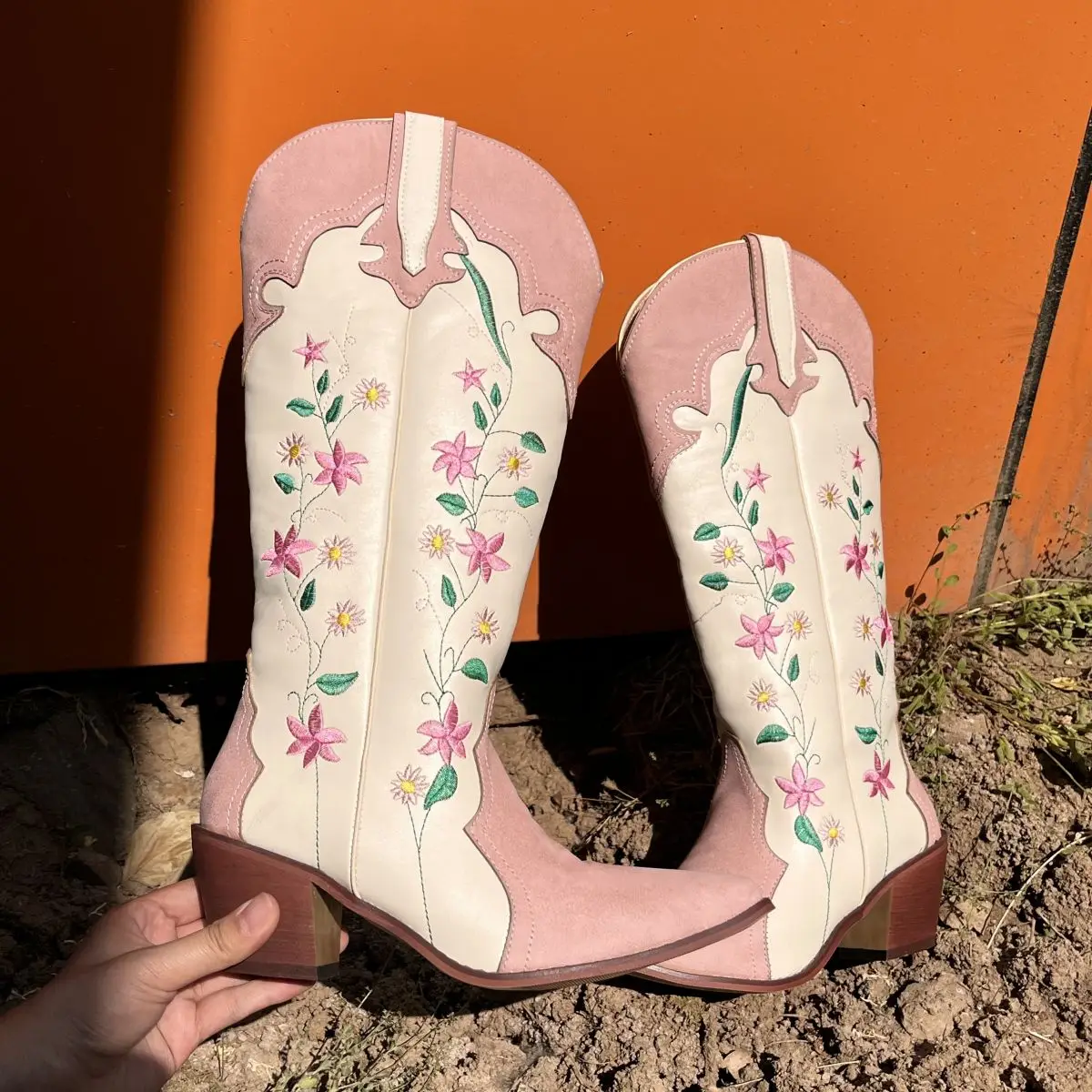 Embroider Santiag Spring White Pink Pointed Toe Texana Women Western Cowboy Ankle Boots Ladies Shoes On Offer Women Boots