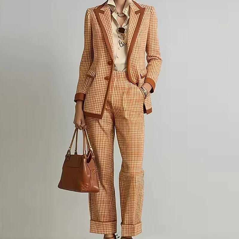 Casual Long Sleeve Pocket 2Pc Suits Fashion Lapel Long Sleeve Blazer Coats & Pant Set Elegant Checkered Print Long Pant Outfits