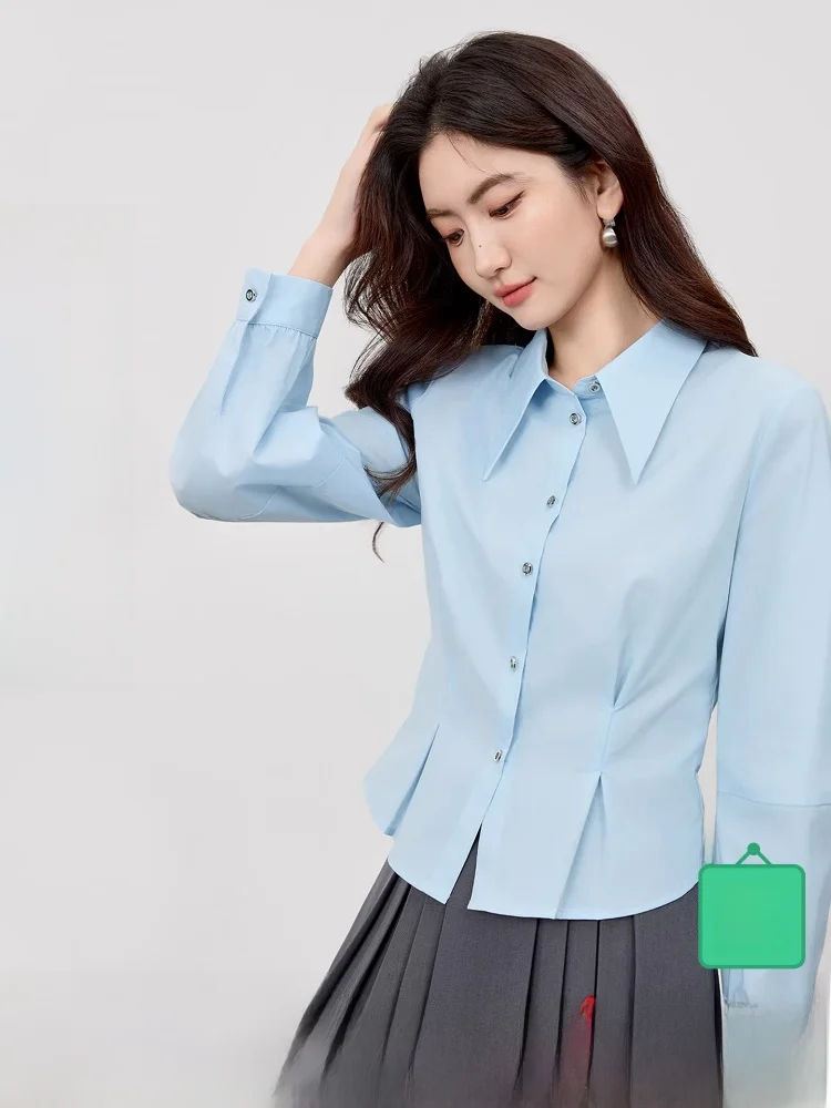 

Женская рубашка в деловом стиле с длинным рукавом, острым воротником, металлической пряжкой, сборками на талии и разрезом, из смесового хлопка