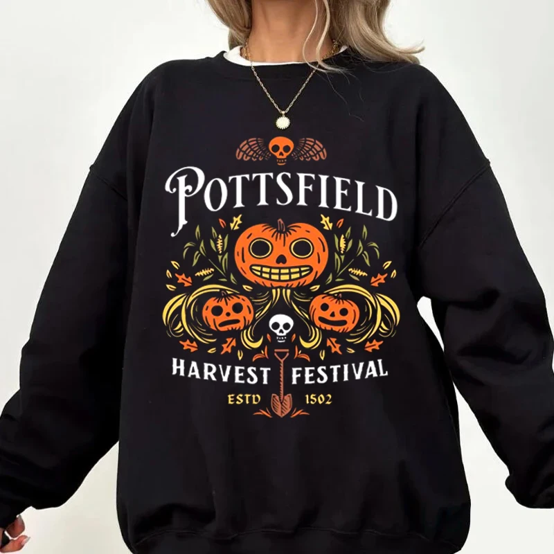 Pottsfield Harvest Festival Sweatshirt, Retro Cartoon Garden Wall,Spooky Season,Halloween Treat,Funny Town,Pumpkin Crew Neck Top