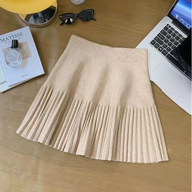 

Smvp 2024 Autumn Winter New High-waisted A-line Skirt Women Knitted Pleated Shirts Lady Solid Color Preppy Style Mini Skirts