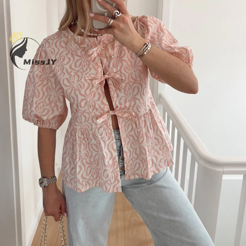 Blusa holgada con lazo para mujer, camisa de manga abombada estampada, Top corto calado para primavera y verano, 2024