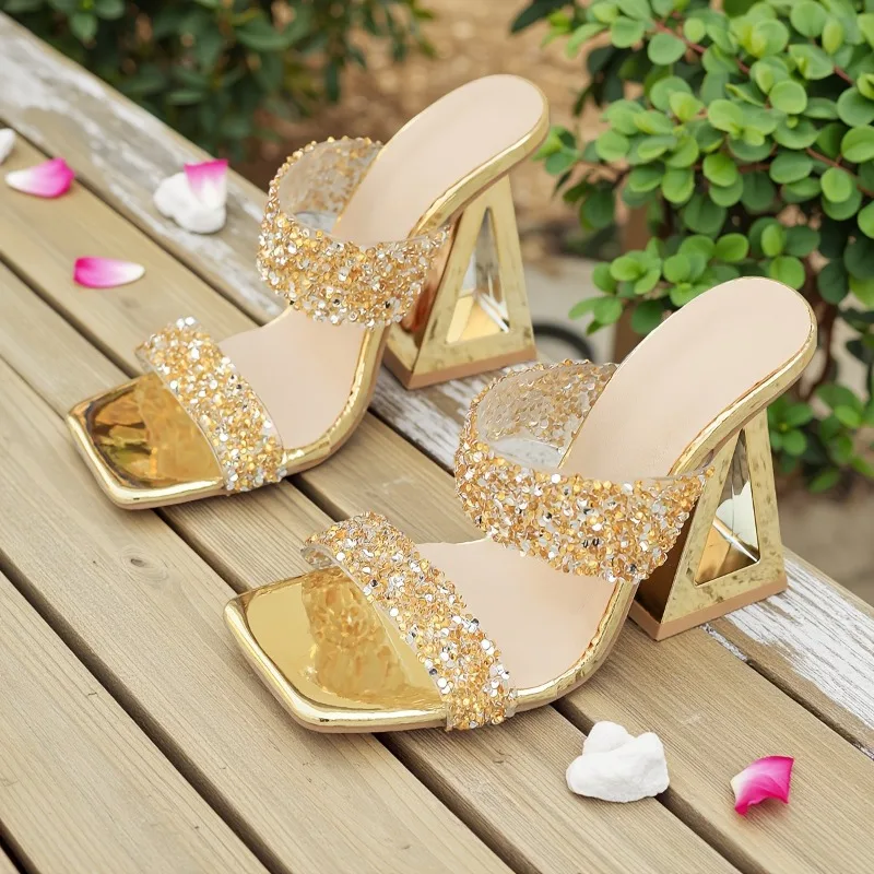 

Luxury Crystal Women Slippers Square Toe High Heels Sandals Sexy Elegant 2025 New Summer Shoes Dress Party Woman Brand Pumps