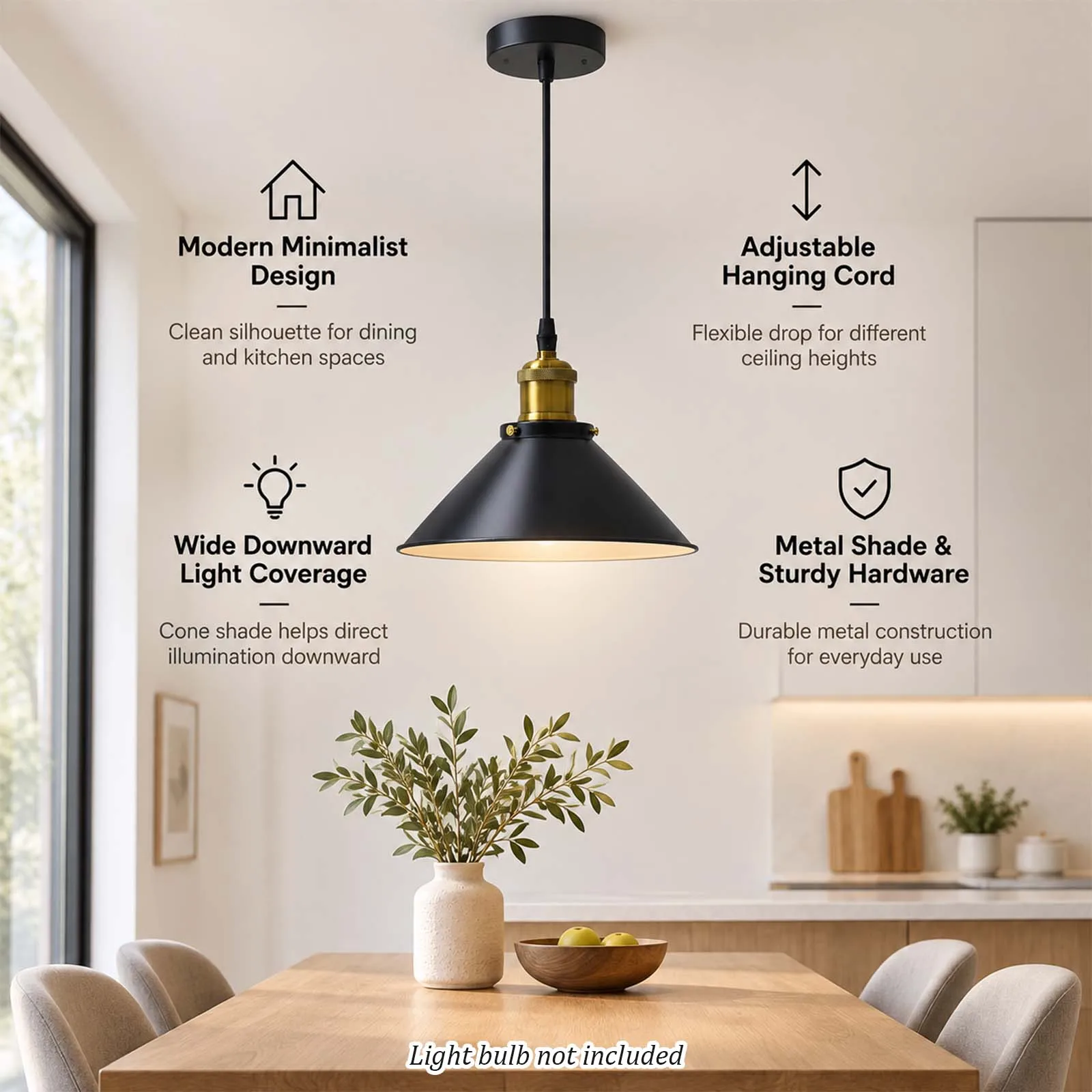 Black Pendant Light, Conical Metal Shade Brass Socket for Kitchen Island Dining Room
