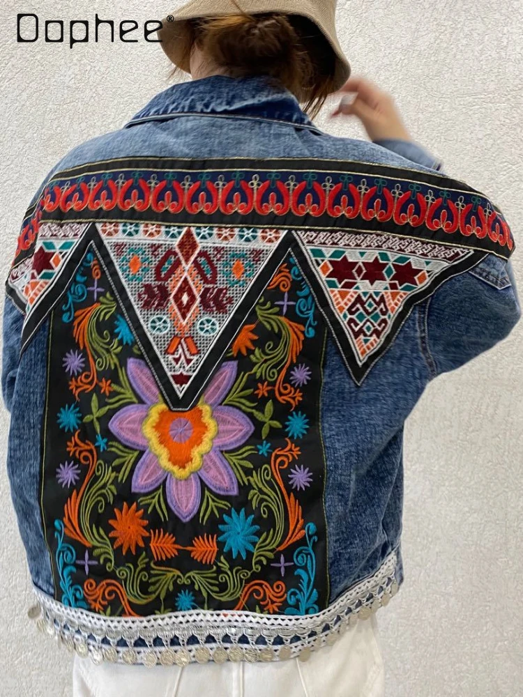 

Fashion Brand Heavy-Duty Embedded Patch Denim Jacket Women Spring and Autumn New Retro Single-Breasted Loose Denim Coat Female