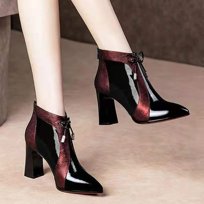 High Heeled Ankle Boots Woman,Fall/Winter Shoes,Women\'s Booties,Pointed Toe,Mixed Colors Short Botas,Blue Wine-red,Dropship