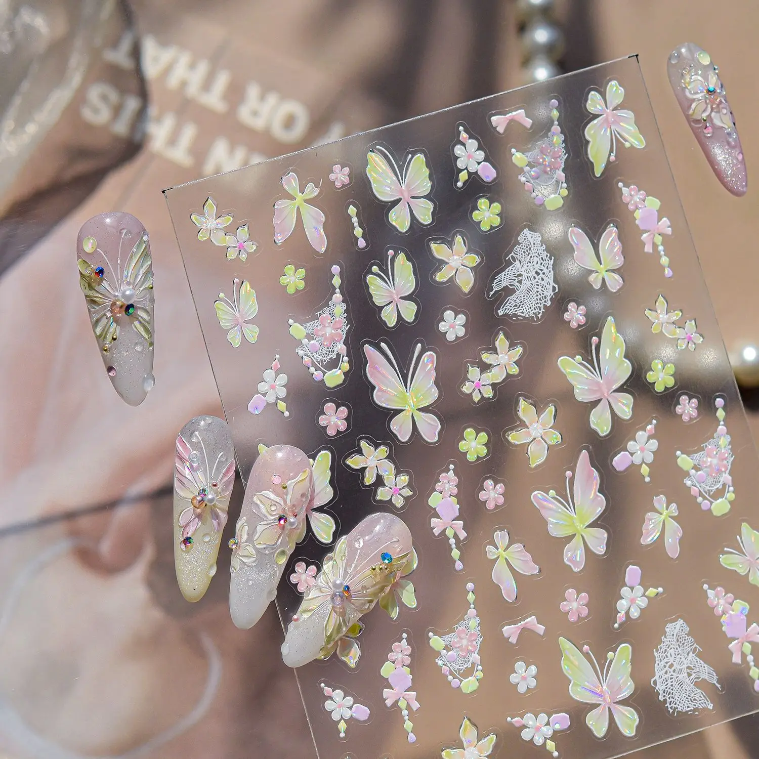 

Наклейки для ногтей с бабочками и цветами, градиентные, розовые, зеленые, с кружевными бантиками, самоклеящиеся, для DIY декора.