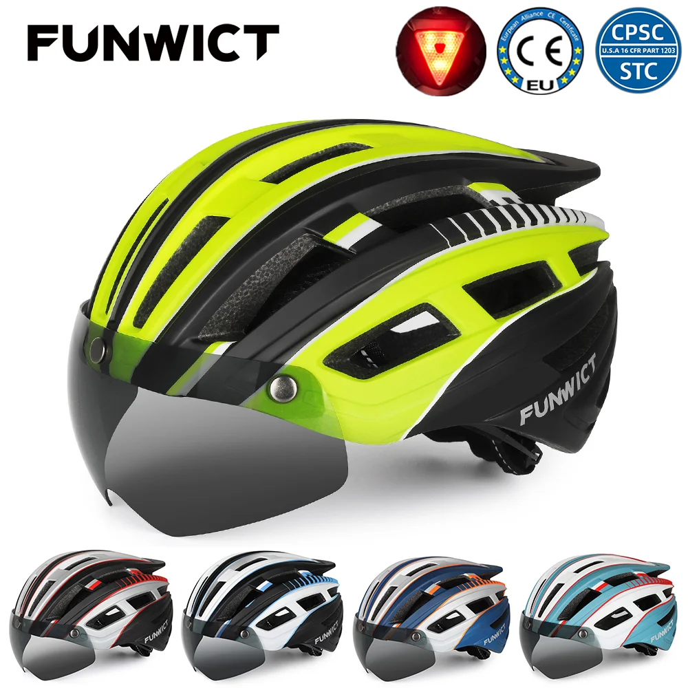 FUNWICT MTB Cycling Helmet Goggles Visor Rear Light Road Bicycle Safety For Men Motorcycle Scooter Mountain Racing Bike Helmets