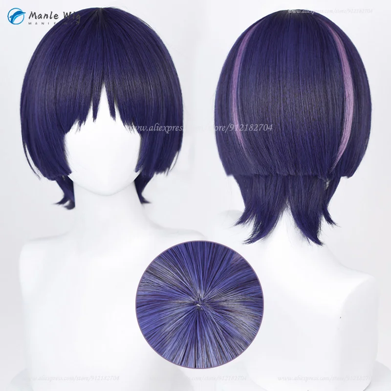 Kunikuzushi Cosplay Wig  Scaramouche Wig Blue Black Highlight Purple Heat Resistant Wig Halloween Wigs + Wig Cap