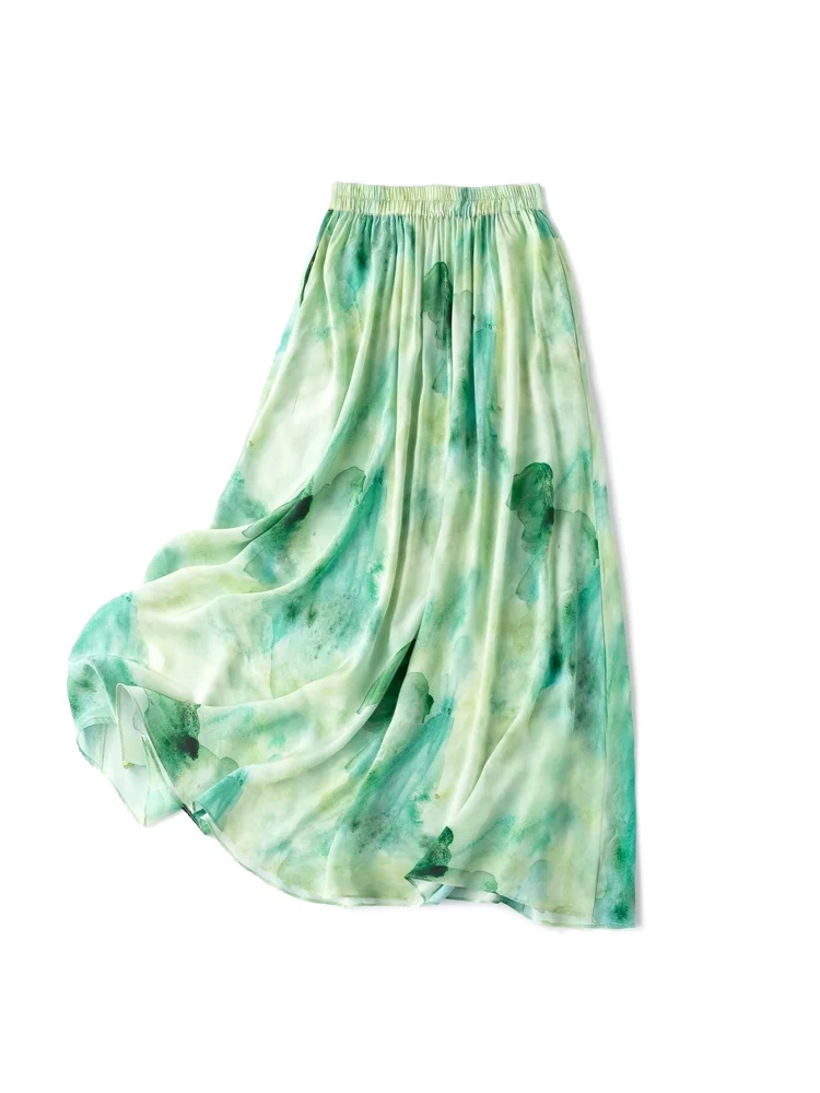 SuyaDream Women Green Skirt 100%Silk Crepe de chine A-Line Printed Long Skirts 2023 Fall Winter Bottoms