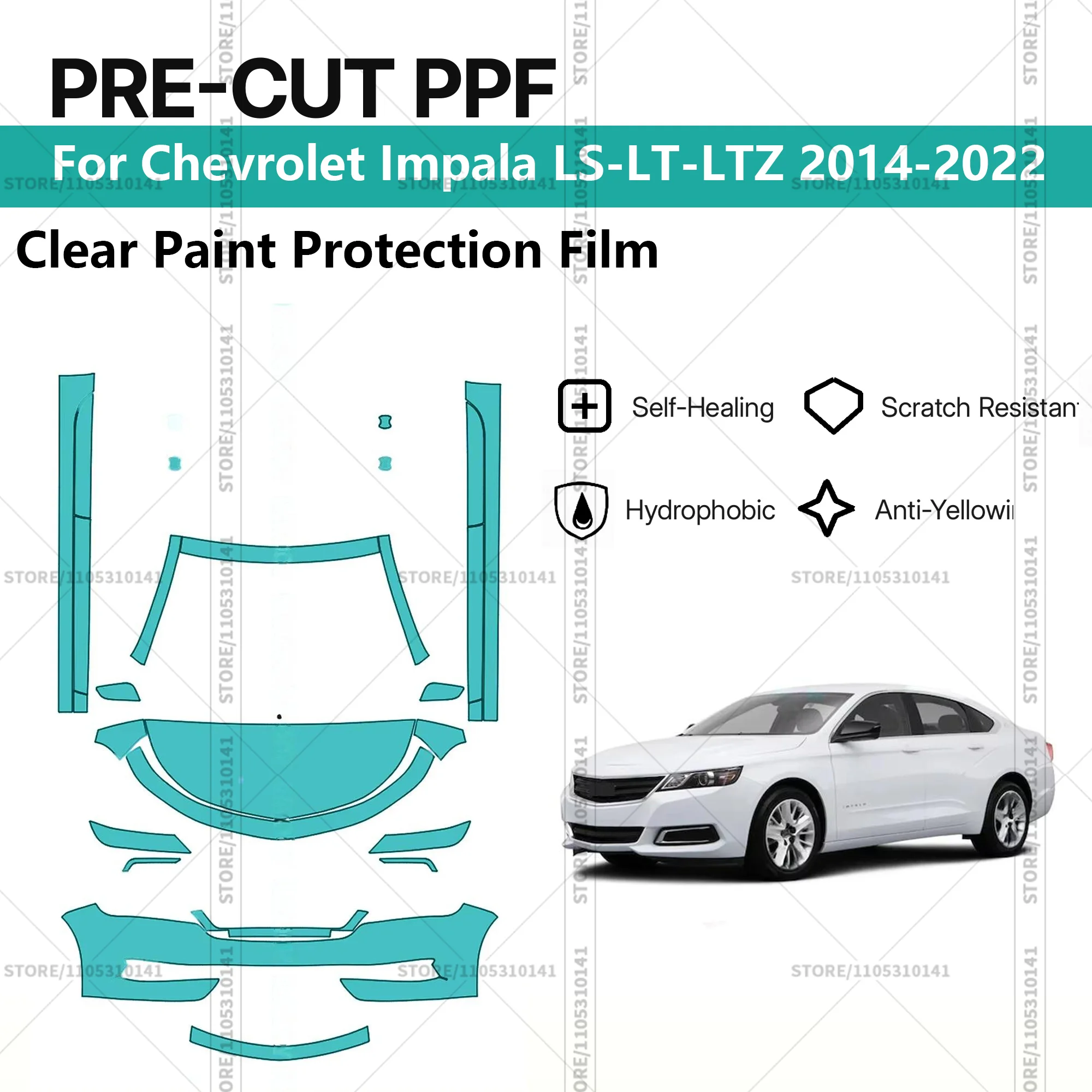 

Для Chevrolet Impala LS-LT-LTZ 2014-2022: Предварительно вырезанная прозрачная защитная пленка (PPF) для автомобиля, комплект для передней части и порогов.