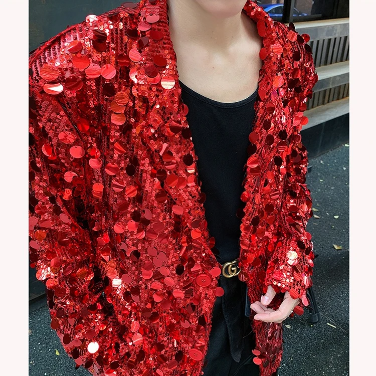 

Корейский мужской костюм с красными пайетками: дизайнерская новинка, сценический костюм для певцов на ежегодные собрания, пиджак в стиле кэжуал