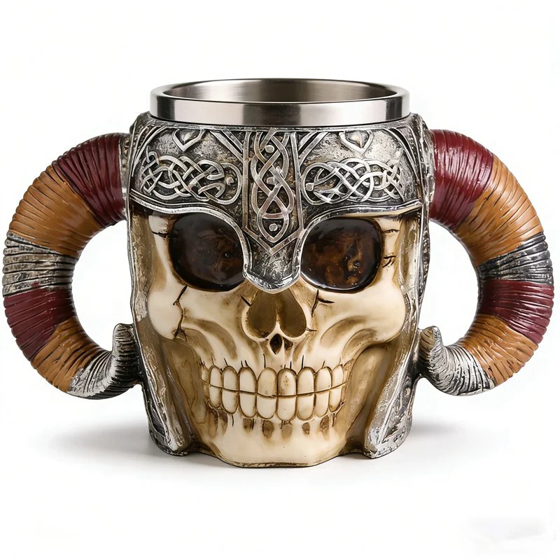 Jarra de Cerveza Vikinga con Calavera de 450ml/15oz, Jarra de Guerrero con Cuerno de Carnero 3D, Taza de Café de Resina con Revestimiento de Acero Inoxidable, Taza Gótica para Beber