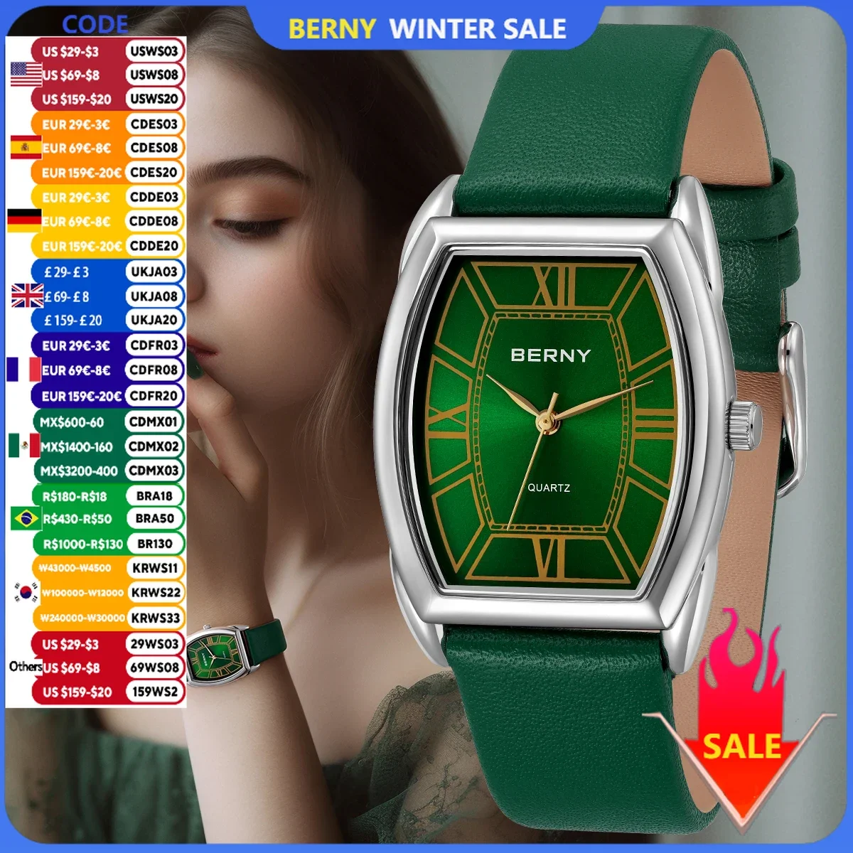 Reloj BERNY para mujer, correa de cuero de moda, relojes elegantes de cuarzo para mujer, reloj de pulsera Multicolor resistente al agua para mujer