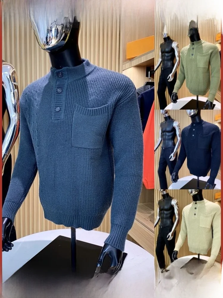 

Ретро плоский вязаный свитер, мужской осенне-зимний новый свободный воротник Генри, ленивый вязаный свитер, однотонный длинный све, молодежная мода