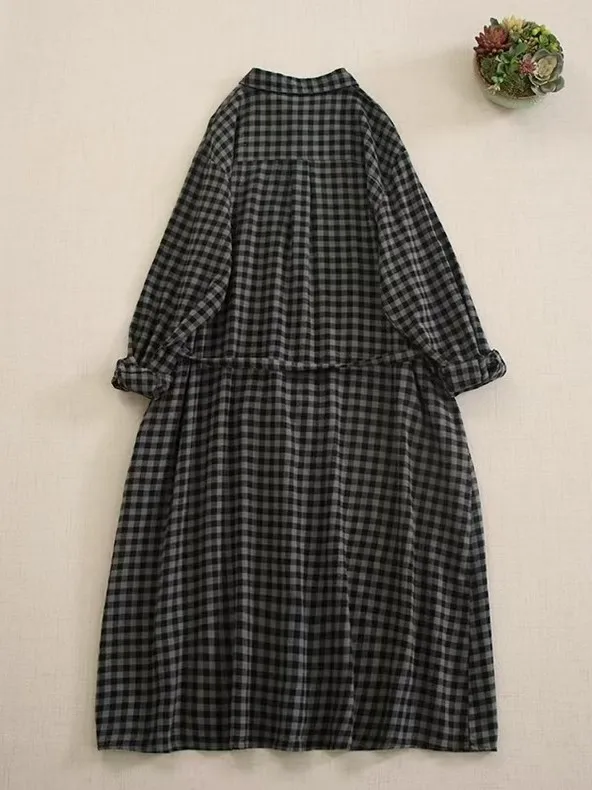 

Fashionable Retro Long Sleeve Dress with Belted Waist Turn-down Collar Plaid Long Skirt for Women plus Size Ladies Gown