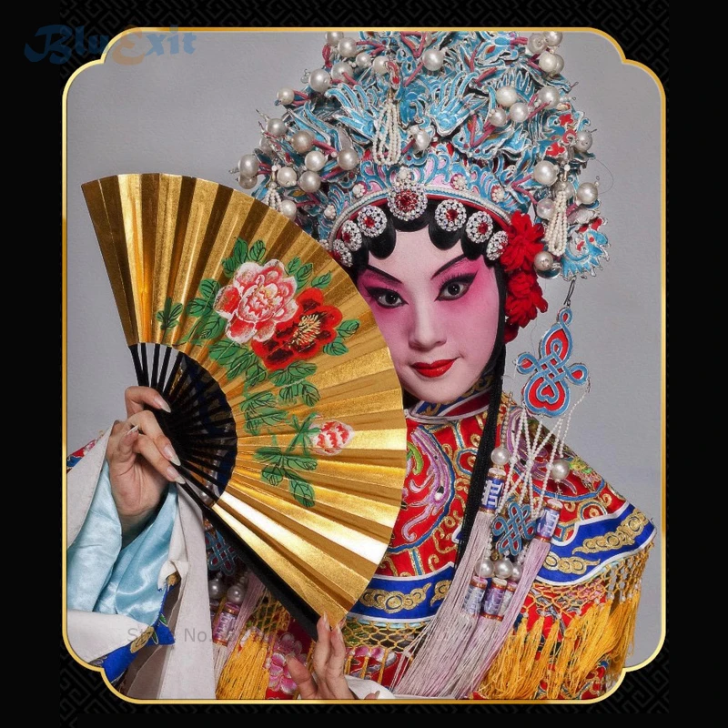 2 Sides Chinese Painting Fans Bamboo Frame Traditional Flowers Ancient Arts Peony Plum Blossoms Opera Golden Paper Folding Fan