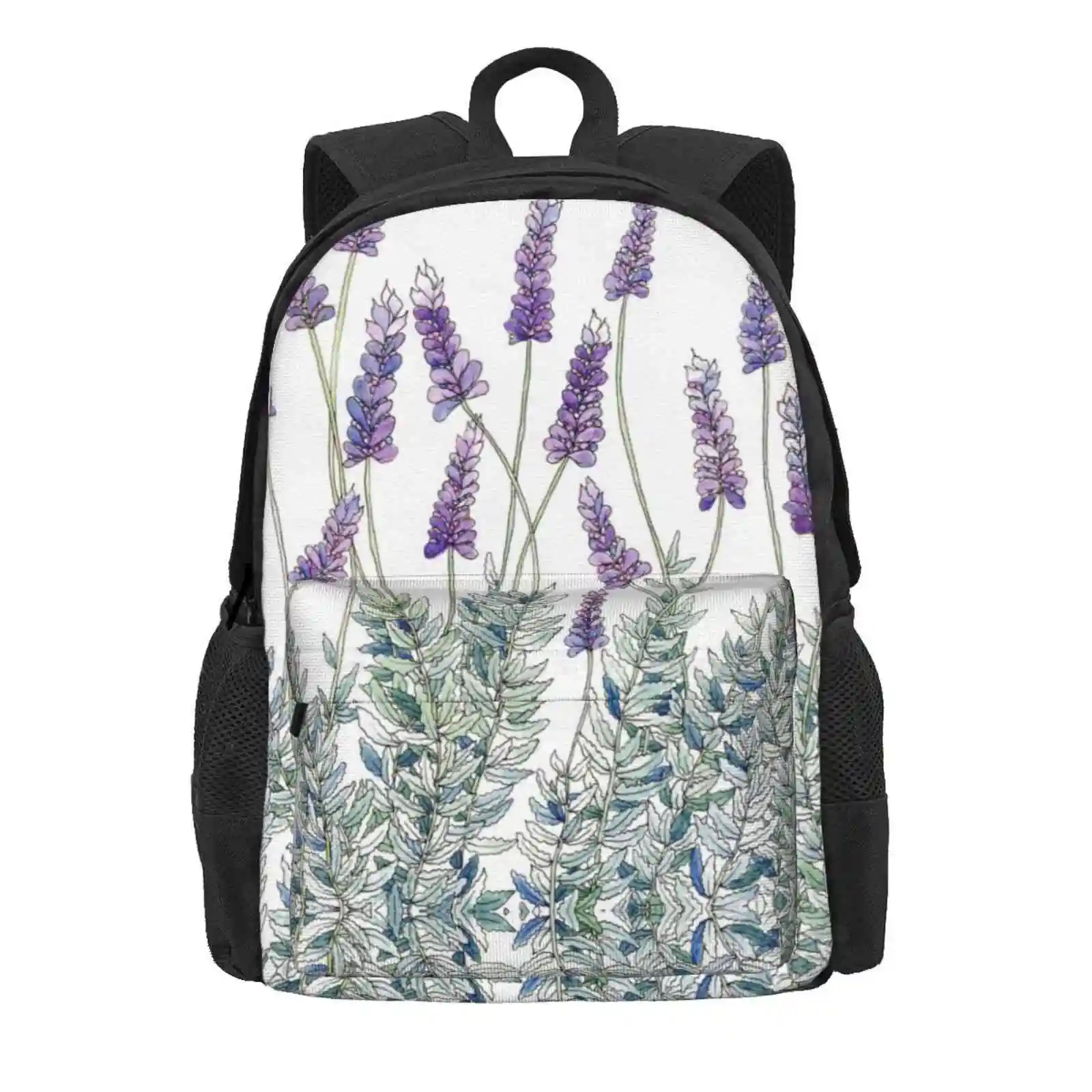 Lavender, Illustration Hot Sale Schoolbag Backpack Fashion Bags French Lavender Flowers Vintage Purple Lilac Nature Botanical