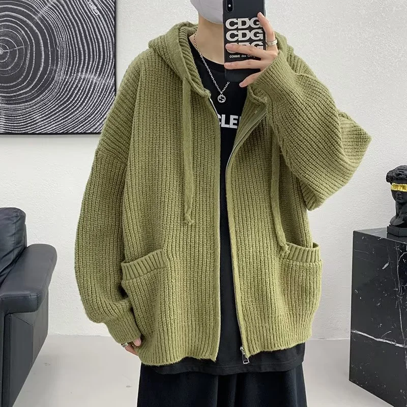 2023 Solid Color Hoodies Cardigan Jackets For Men Autumn Y2K Vintage Streetwear Knitted Sweater Korean Fashion Knitwears Coat