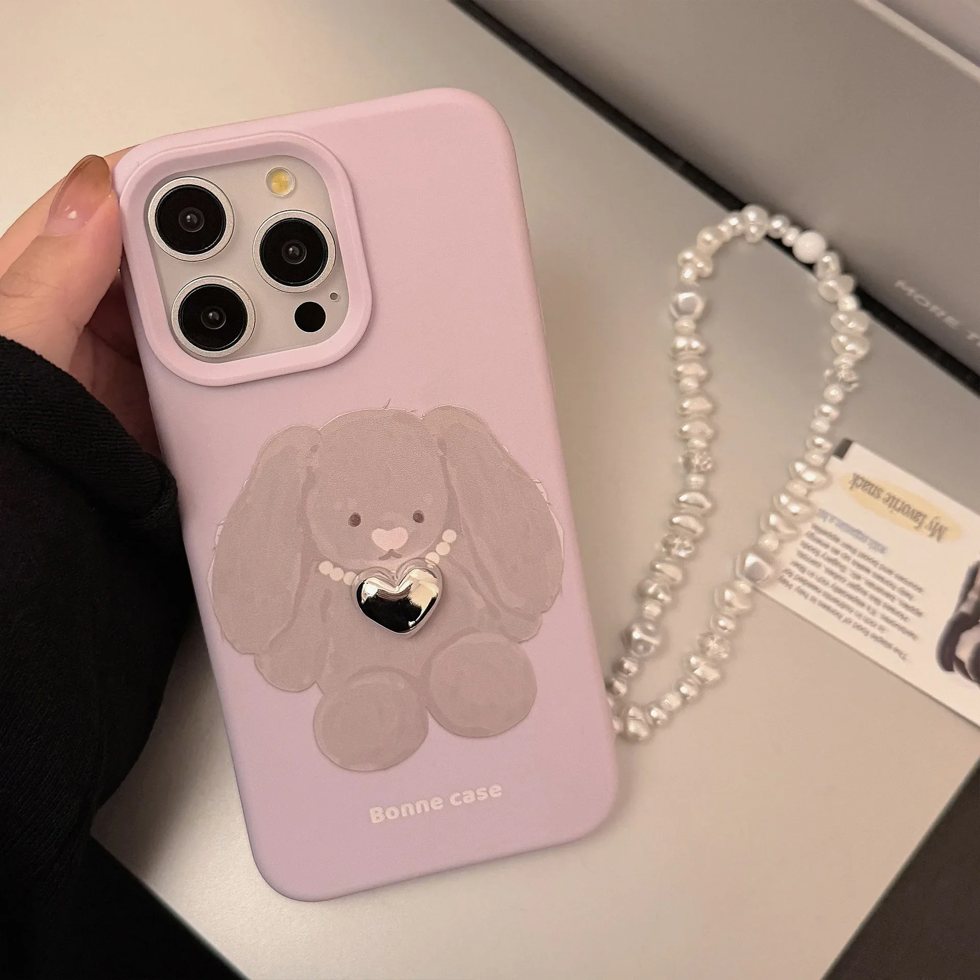 Cute Pearl Lanyard Drop Ear Rabbit Phone Case for IPhone16 15 14 12 13 11 Pro ProMax Plus X XR Shockproof Phone Cover