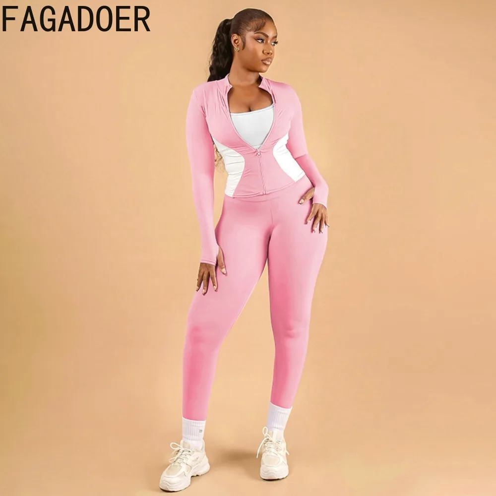 FAGADOER Casual Sports Woman 2 Piece Set Outfit Color Block Zipper Long Sleeve Slim Top and Shorts Midnight Female Streetwear