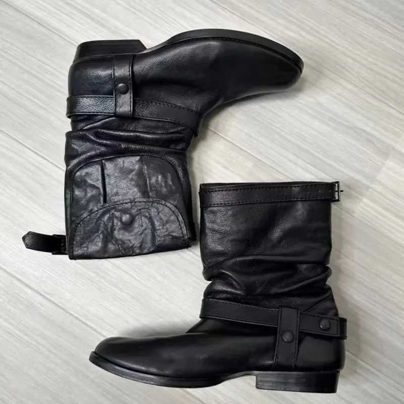Black Belt Buckle Boots for Women Vintage Mid Calf Western Cowboy Boots Round Toe Zipper Botas Para Moto