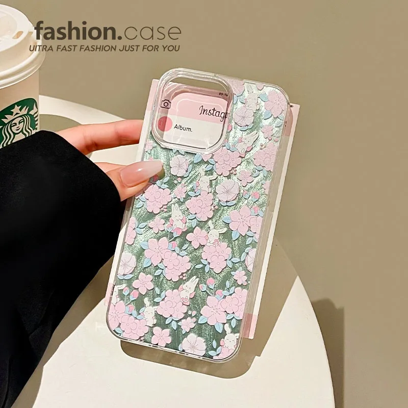 Kirschblüten-Kaninchen-Druck-Feder-IMD-Handyhülle für iPhone 16E 12 13 14 15 16 Pro Max X XS XR 7 8 15 16 14 Plus Hüllen