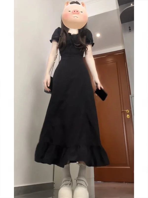 Versatile One Dress Four Ways Short Sleeve Drawstring Corded Thin Black Skirt High Waist A-Line Dress French Style Polyester ...