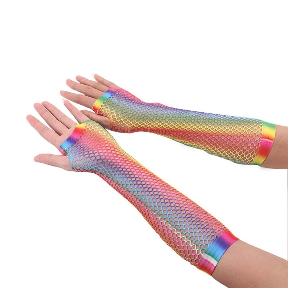 Sexy Korean Long Half Finger Party For Women Short Half Finger Fishing Net Gloves Rainbow Color Gloves Nylon Arm Sleeves