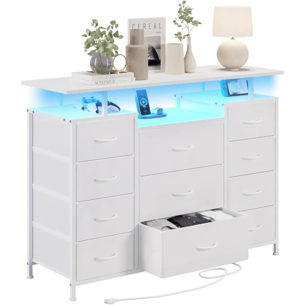LUMTOK 11-Drawer Fabric-Lined Dresser with Charging Station, LED Lighting, and Shelving for Bedroom Storage