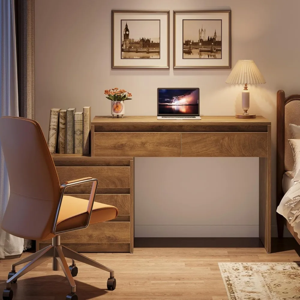 مكتب كمبيوتر مع 5 أدراج، مكتب تنفيذي للمنزل مع خزانة ملفات وحامل طابعة، مكتب خشبي ريفي صناعي لـ S #5