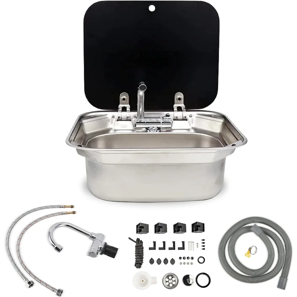 

outdoor sink, rv sink stainless steel hand wash basin kitchen with lid glass cold&hot faucet for rv caravan camper boating bar s