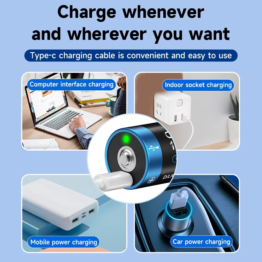 CITYORK 1.5V Li-ion USB Rechargeable Battery AA AAA C/D Size Lithium Battery with  Type-C Charging For Toy Mouse Heater Radios