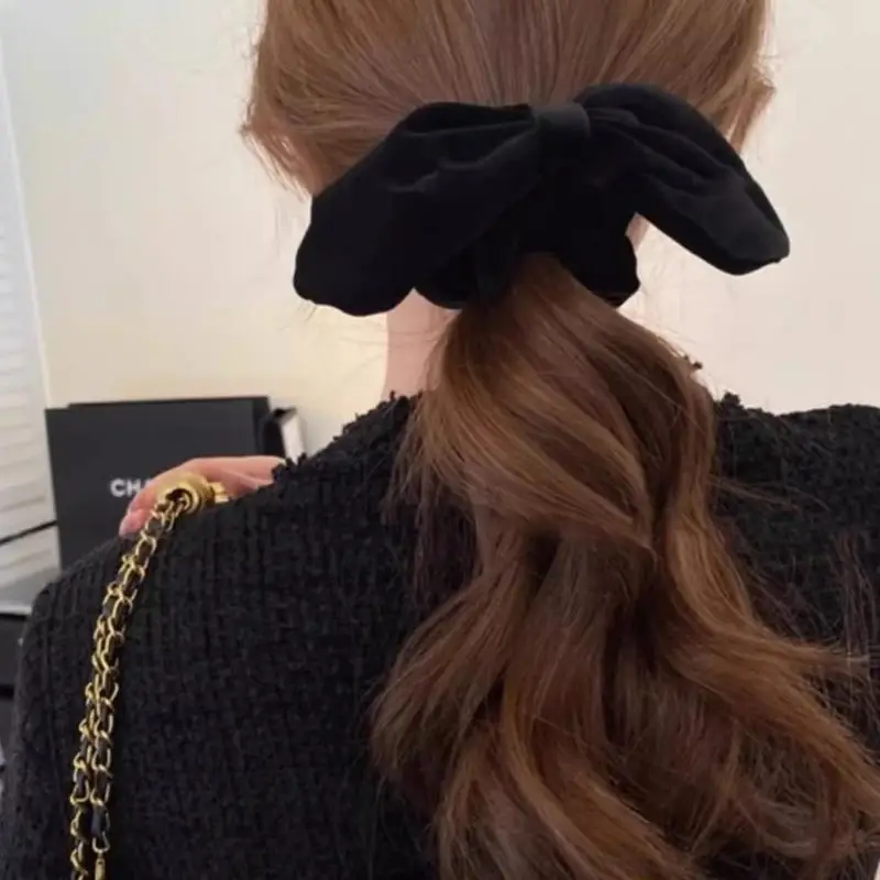 Vintage schwarze Samt-Haargummis mit Schleife für Damen und Mädchen, elegante elastische Haargummis für hohe Pferdeschwänze, Haarschmuck – Detail 4