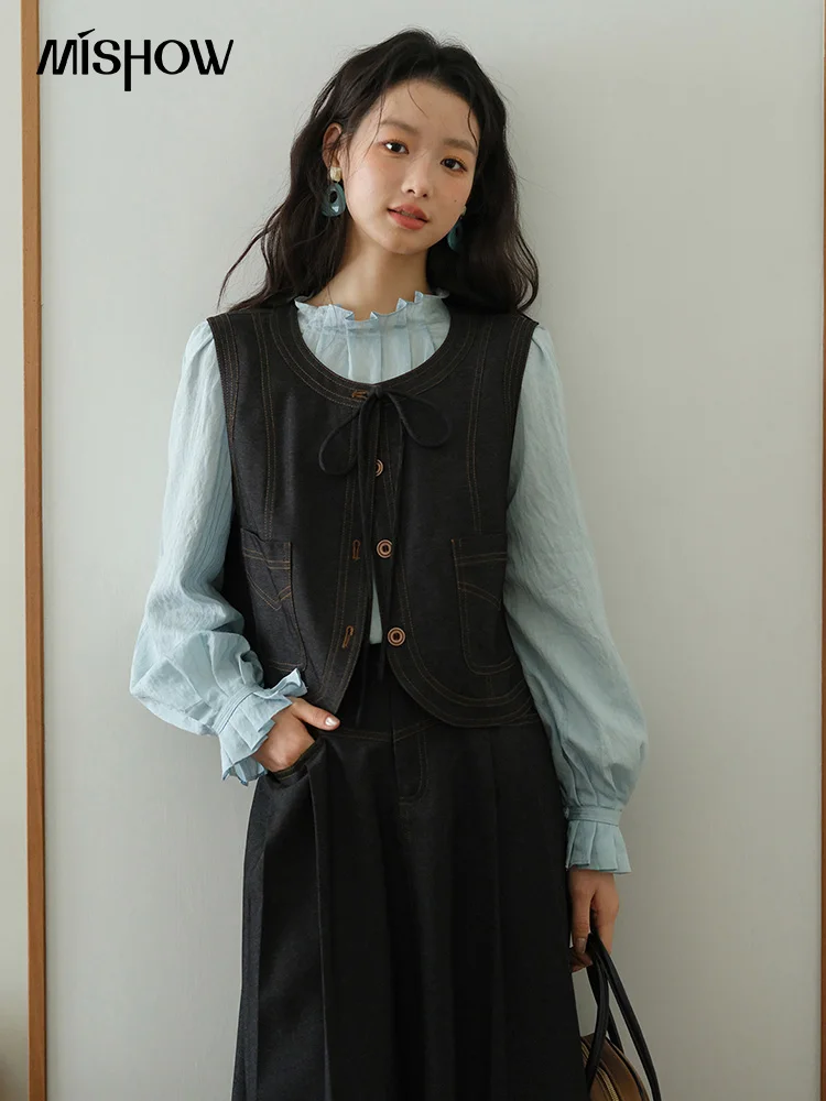 MISHOW Deep Blue Imitation Denim Vest Coat 2025 Autumn Round Neck Lace-up Coat Contrasting Button Single Breasted Top MXE41W0797