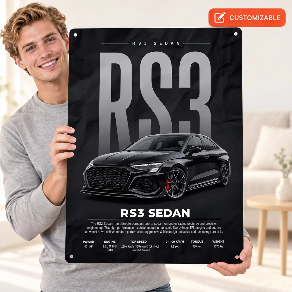 German Black RS3 Sedan Car Textured Metal Poster Personalized Aluminum Sign Technical Graphic Design Wall Art For Home Garage