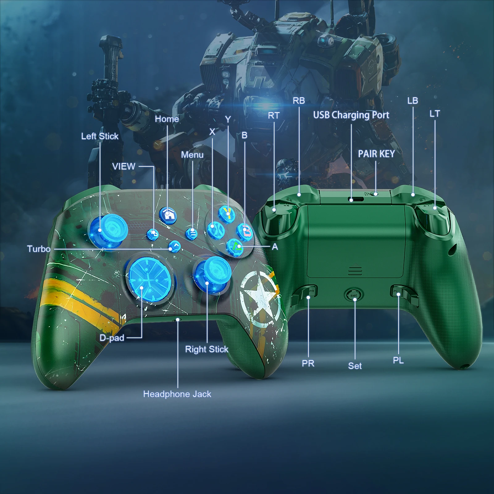 لوحة ألعاب WiFi لاسلكية لوحدة تحكم Xbox المتوافقة مع Xbox One، Xbox Series X/S PC مع وظيفة Turbo/Macro، مقبس سماعة رأس 3.5 مم