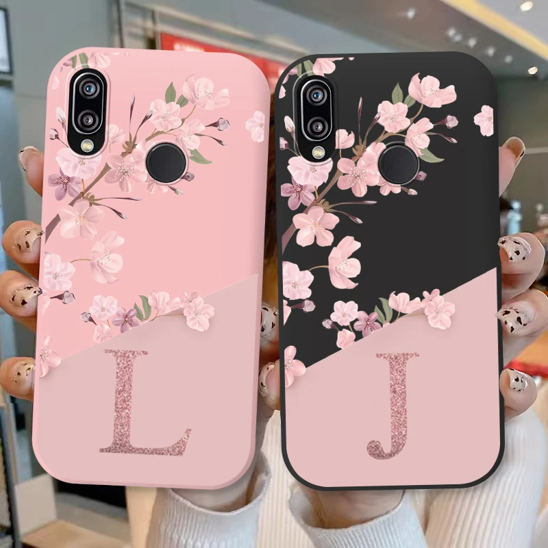 Initial Letter Silicone Case For Huawei P20 2018 P20 Lite P20 Pro Shell Retro Pink Flower Soft TPU Cover For Huawei P20 Capa