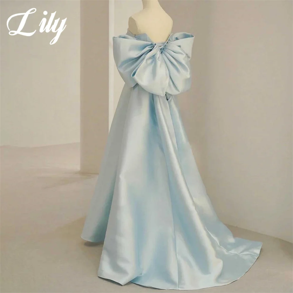 Lily Sky Blue Woman Evening Dress Gown A-Line Sexy Pleats Regular Sleeves Night Dresses Gown with Bow Custom robes de soirée