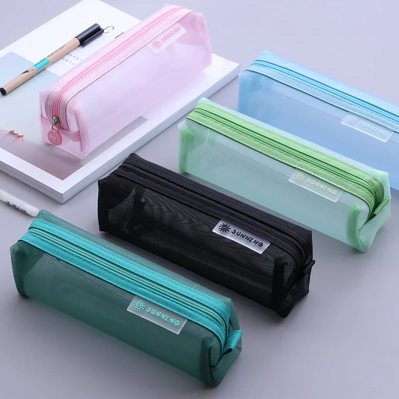 Boys Girls Mesh Pencil Case Simple Transparent Mesh Document Bag Zipper Stationery Bag Nylon Mesh Bag School Office Supplies