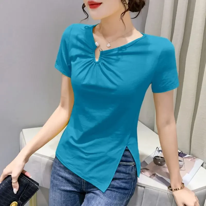 Fashion V-Neck Solid Color Folds Irregular T-Shirts Women's Clothing Summer New Loose Casual Tops Asymmetrical Tee Shirt B93