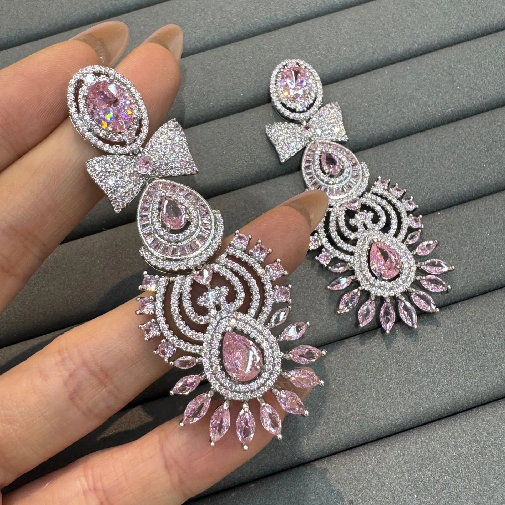 

luxury zirconia earrings for women shiny jewelry dinner party pink multicolor zircon dangling earrings wedding anniversary gift